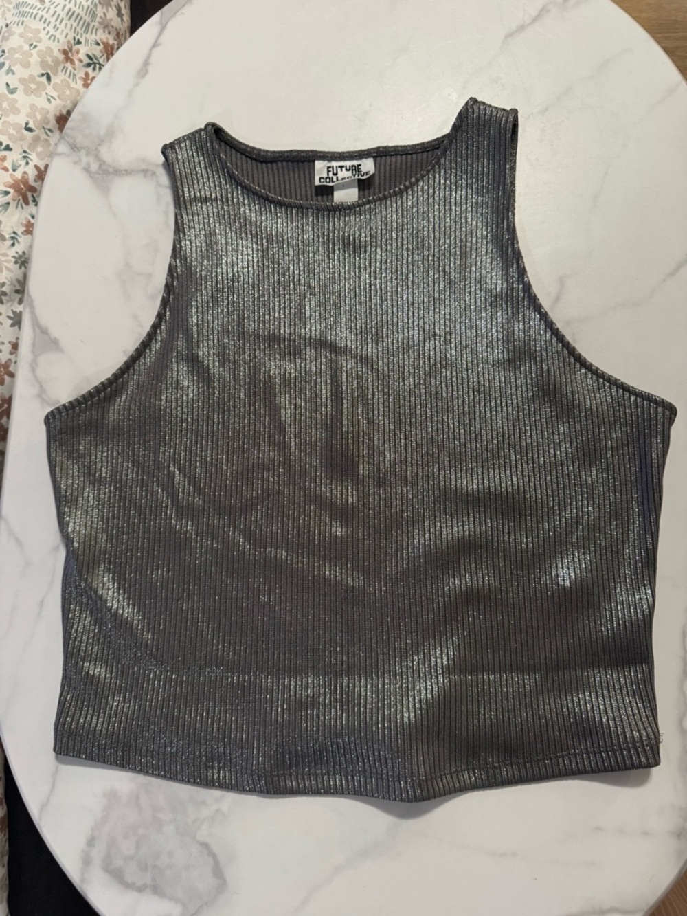 Future Collective Metallic Silver Ribbed Crop Tank